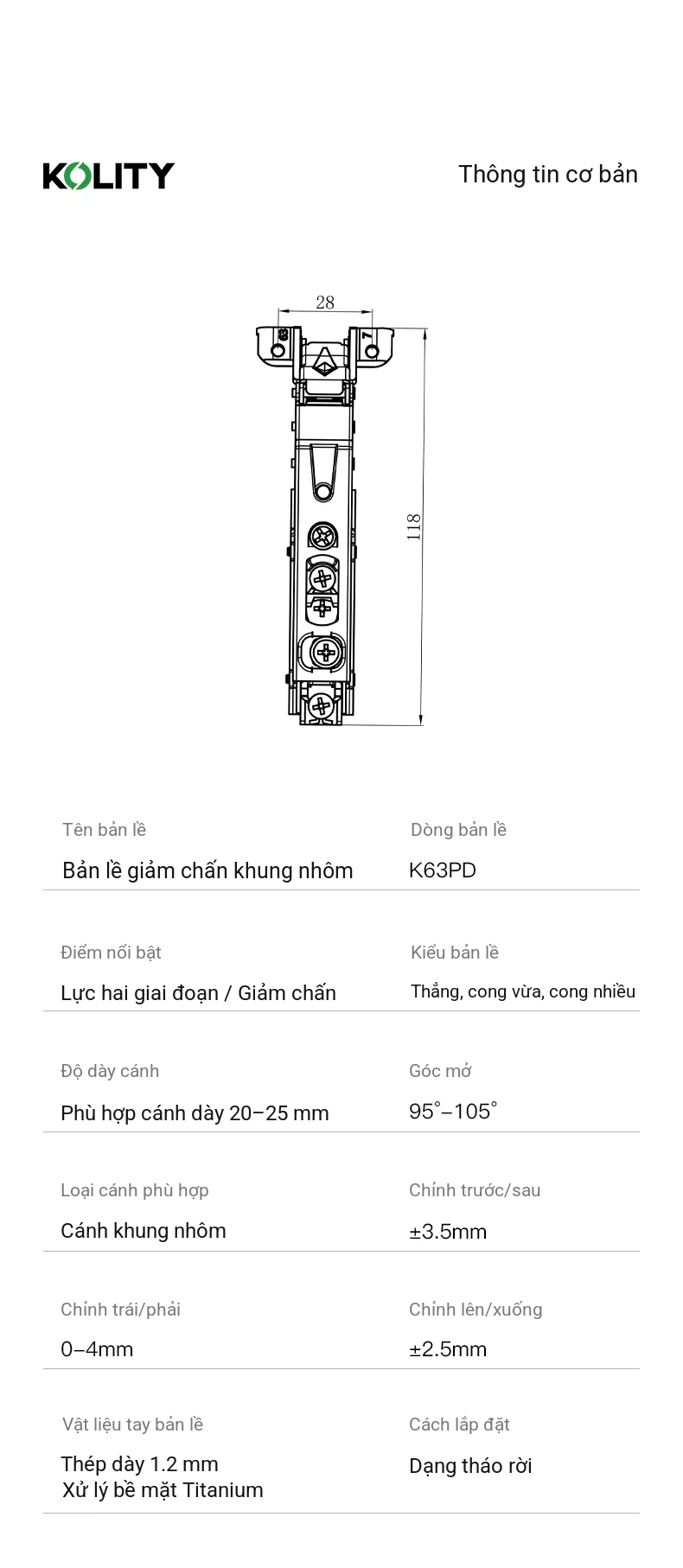 Bản Lề Đế Line 2.0 K63PD Titanium Cho Khung Nhôm