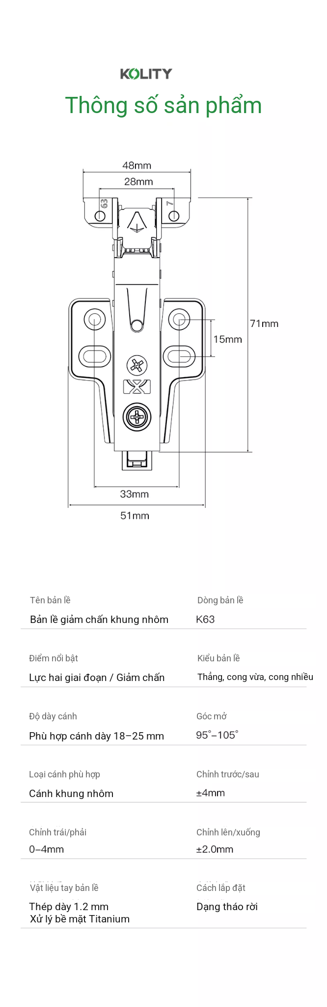 Bản Lề Giảm Chấn K63LK Titanium Cho Khung Nhôm